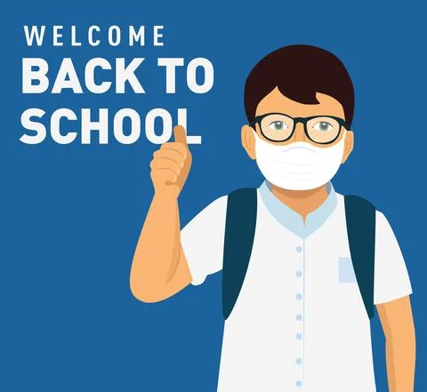 Schoolboy in face mask with thumb up is going to school. Vector Illustration Stock Illustration