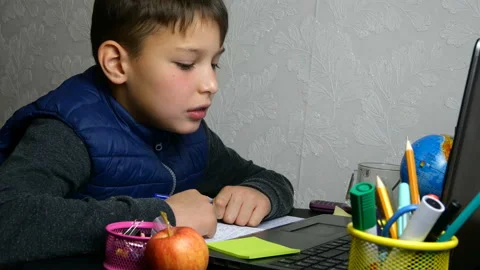 Schoolboy gets online education. Stock Footage 127977534