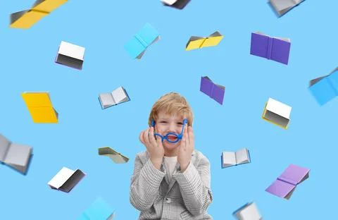 A schoolboy with glasses laughs. A boy with 3d rendering flying books around Stock Illustration