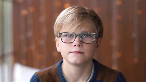 Schoolboy with glasses looks at the camera. Stock Footage 161153343