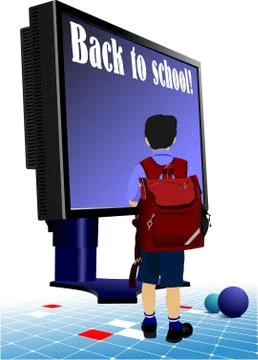 Schoolboy  going to school.. Back to school.  Monitor and books. Vector illus Stock Illustration