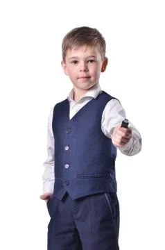 Schoolboy hold usb flash-drive in his hand Stock Photos