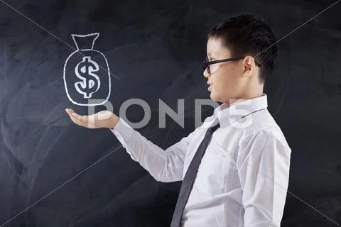 Schoolboy holds money bag Stock Photos