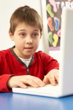 Schoolboy In IT Class Using Computer Foto stock
