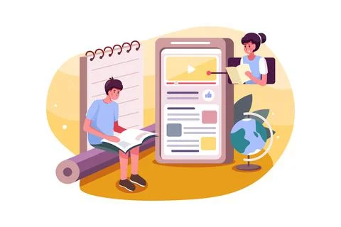 Schoolboy learning online course on mobile. Illustrazione stock
