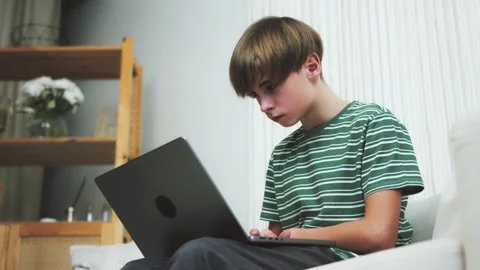 A schoolboy learns online remote lecture, video call. Distance learning Stock Footage 264327892