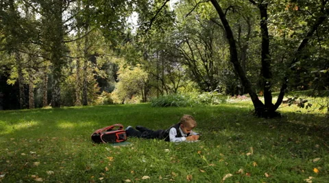 Schoolboy lying on the grass and doing his homework in the park Stock Footage 55314777