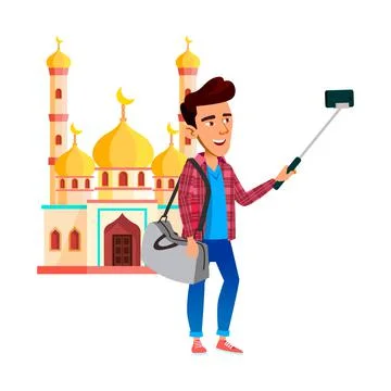 Schoolboy Make Selfie On Smartphone Camera Vector Stock Illustration