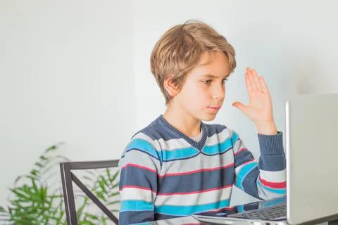 A schoolboy for online learning in front of computer Stock Photos