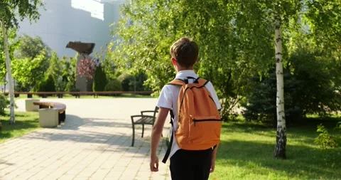 Schoolboy with orange backpack walks through sunny school campus. Student heads Stock Footage 344998124