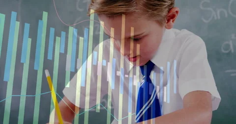 Schoolboy placing pencil tip on notebook activating data overlay rising across Video stock 314752951