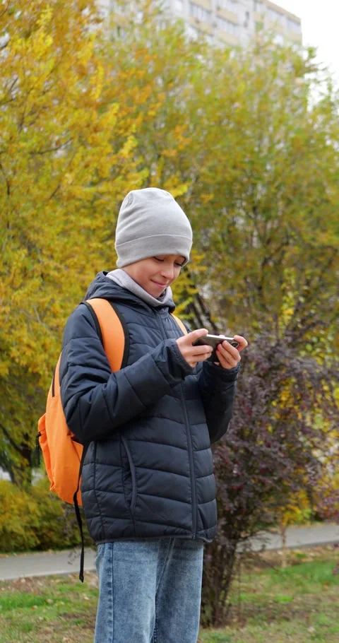 Schoolboy plays mobile game on smartphone in autumn park. Digital entertainment Vídeo Stock 342730162