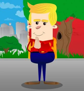 Schoolboy with praying hands. Vector cartoon character illustration. Stock Illustration