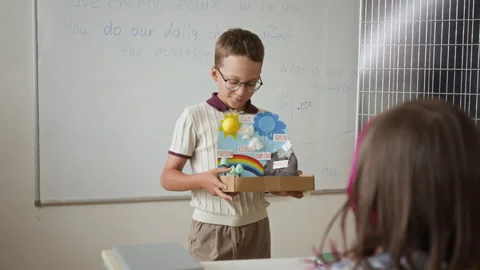 Schoolboy Presenting Ecology Science Project in Classroom Stock Footage 345227205