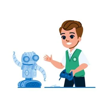 Schoolboy programming and controlling robot with remote control Stock Illustration