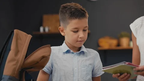 The schoolboy puts in a backpack notebooks and textbooks. Back to School. Stock-Footage 92498648