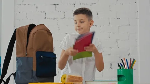 Schoolboy puts in a backpack, textbooks, exercise books, lunch. Back to School. Video stock 92734116