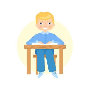 Schoolboy raising hand flat vector illustration. Stock Illustration