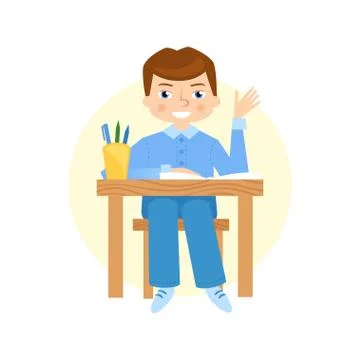 Schoolboy raising hand flat vector illustration. Stock Illustration