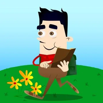 Schoolboy reading and pointing at an opened book. Vector cartoon character il Stock Illustration