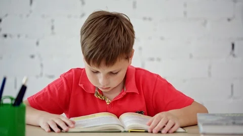 A schoolboy reading a textbook Stock Footage 92040826
