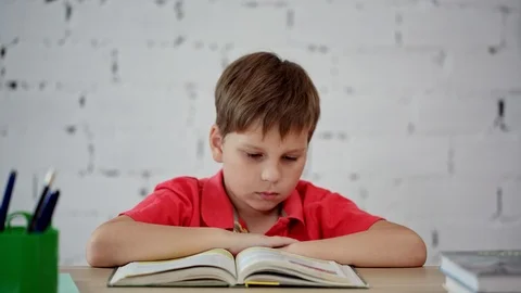 A schoolboy reading a textbook Stock Footage 92041055
