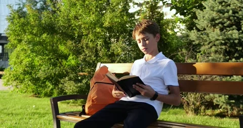 Schoolboy reads book on park bench beside backpack. Teen student studies Stock Footage 346690097