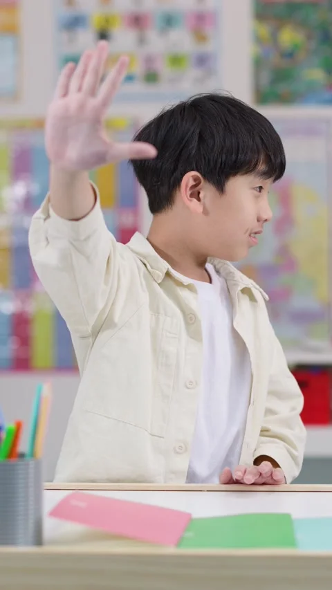 Schoolboy Refusing with Raised Hand in Classroom Side View Stock Footage 323150809
