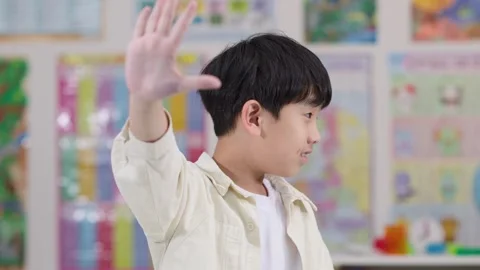 Schoolboy Refusing With Raised Hand in Classroom Side View Stock Footage 323150827