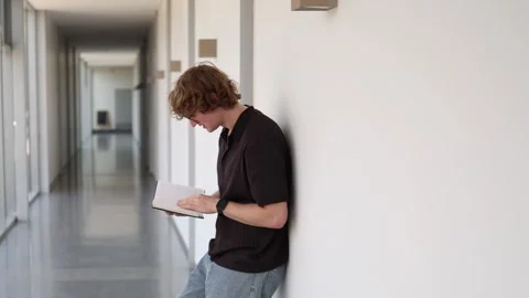 Schoolboy reviews notes before test Stock Footage 338277005