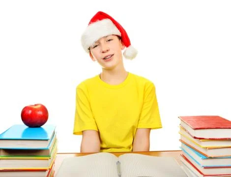 Schoolboy in Santa Hat Stock Photos