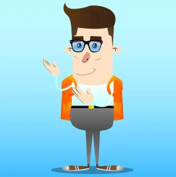 Schoolboy showing something with both hands, powerful hand gesture. Vector ca Ilustración de archivo