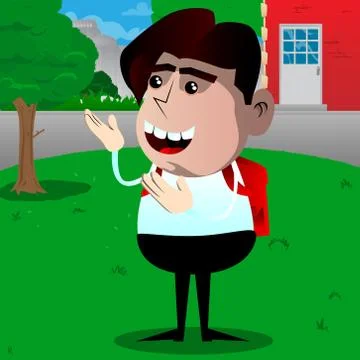 Schoolboy showing something with both hands, powerful hand gesture. Vector ca イラスト素材