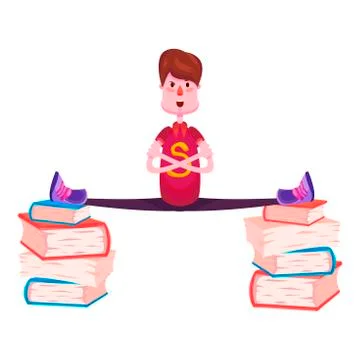 The schoolboy sits on a string on the pile of books Stock Illustration