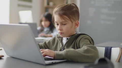 Schoolboy Sitting at Desk Doing Project in Laptop Video stock 244699143