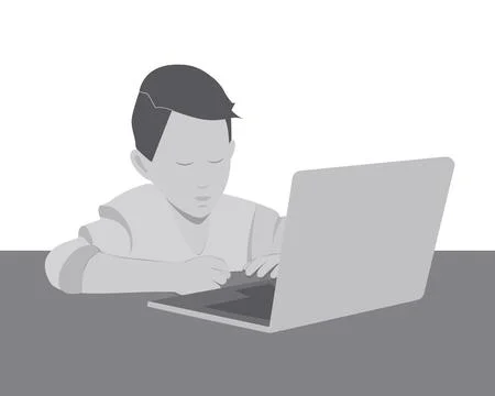Schoolboy study online in grayscale. Online education minimalist design idea Stock Illustration