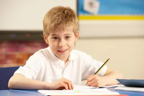 Schoolboy Studying In Classroom Stock Photos