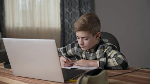 Schoolboy studying online using laptop at home. Stock Footage 273583399