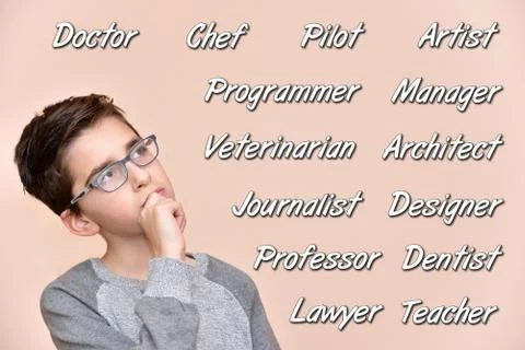 Schoolboy thinking about future occupation Stock Photos