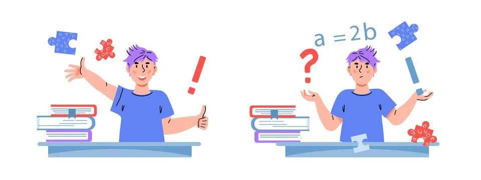 Schoolboy thinking and asking question, then solving task, flat cartoon vecto 스톡 일러스트