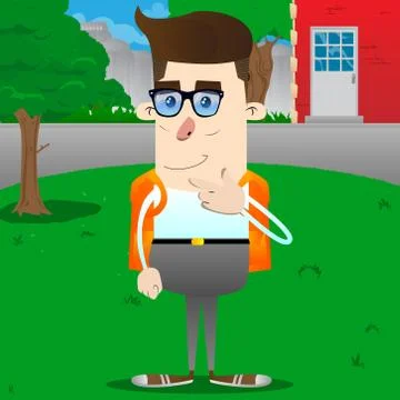 Schoolboy thinking or pointing to his left side. Vector cartoon character ill Stock Illustration