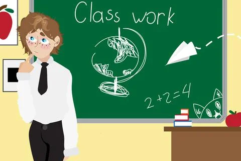 Schoolboy thinks in front of the chalkboard. Children's drawing. Vector. Stock Illustration