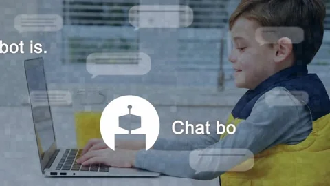 Schoolboy typing on laptop in kitchen, asking bot for learning, robot bubbles Stock Footage 332504844