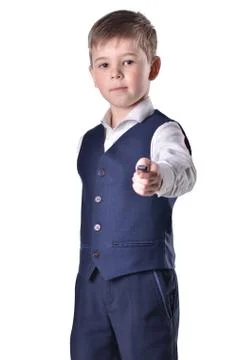 Schoolboy with usb flashdrive on white background Stock Photos