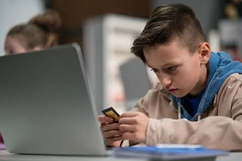 Schoolboy using computer in classroom at school 库存照片