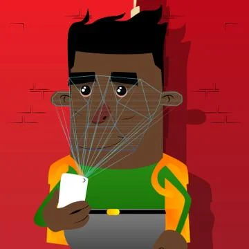 Schoolboy using face recognition system. Vector cartoon character illustratio Illustrazione stock