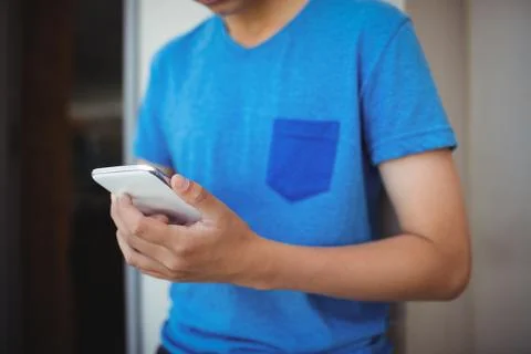 Schoolboy using mobile phone in corridor at school Foto stock