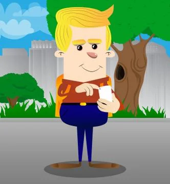 Schoolboy using a mobile phone. Vector cartoon character illustration. Stock Illustration