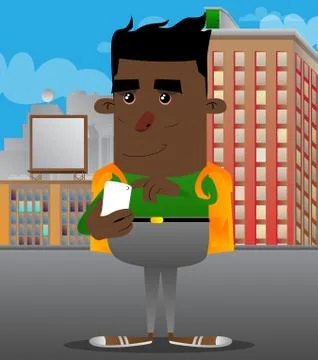 Schoolboy using a mobile phone. Vector cartoon character illustration. Stock Illustration