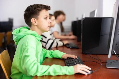 Schoolboy using PC during computer science lesson 库存照片